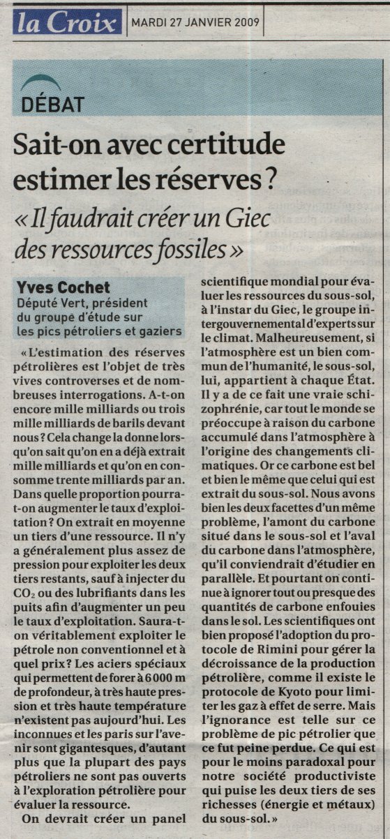 La croix 27/01/2009, pages 15, interview Yves Cochet