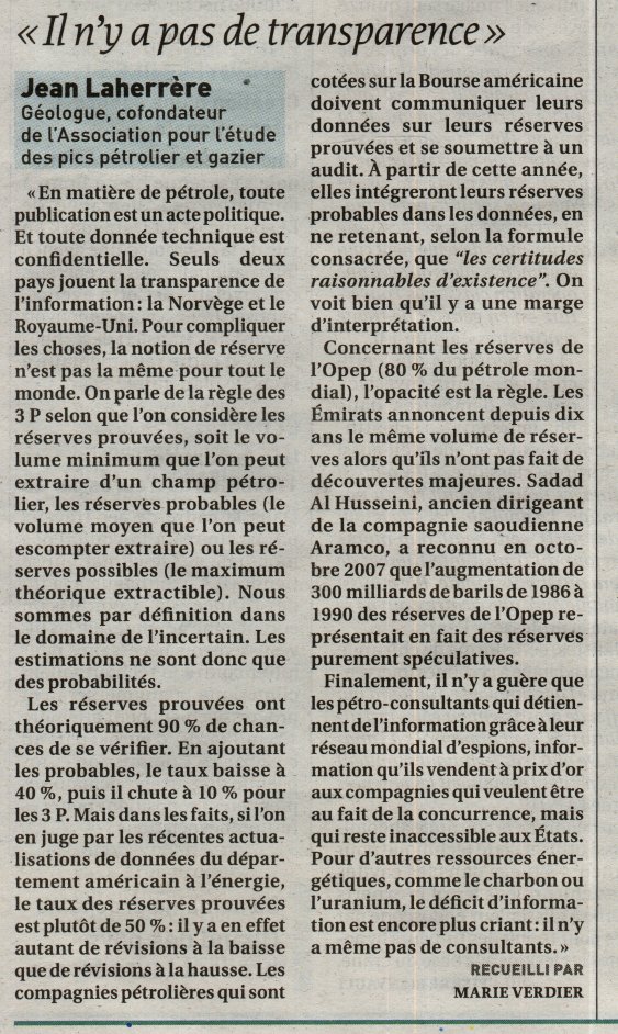 La croix 27/01/2009, pages 15, interview JeanLaherrère